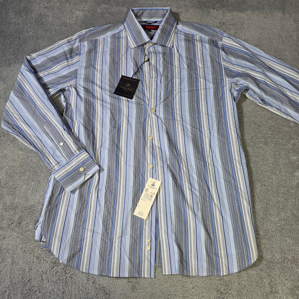Austin Reed Mens L Button Front Shirt Blue Striped Capri 100% Cotton Long Sleeve